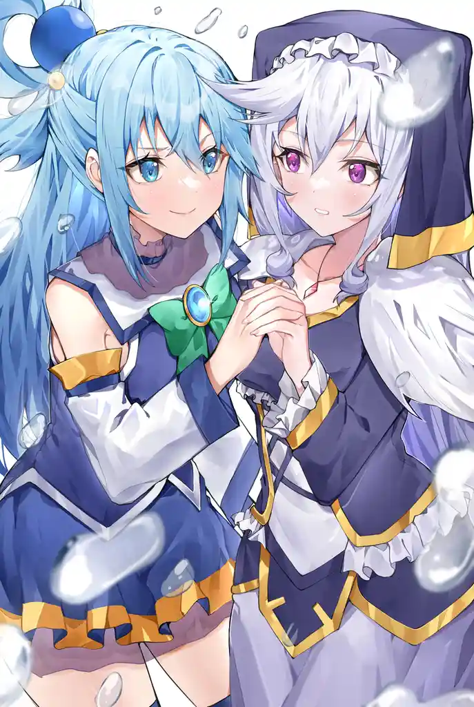 Two anime-style girls in matching blue and white maid outfits with gold trim hold hands and look at the viewer with…