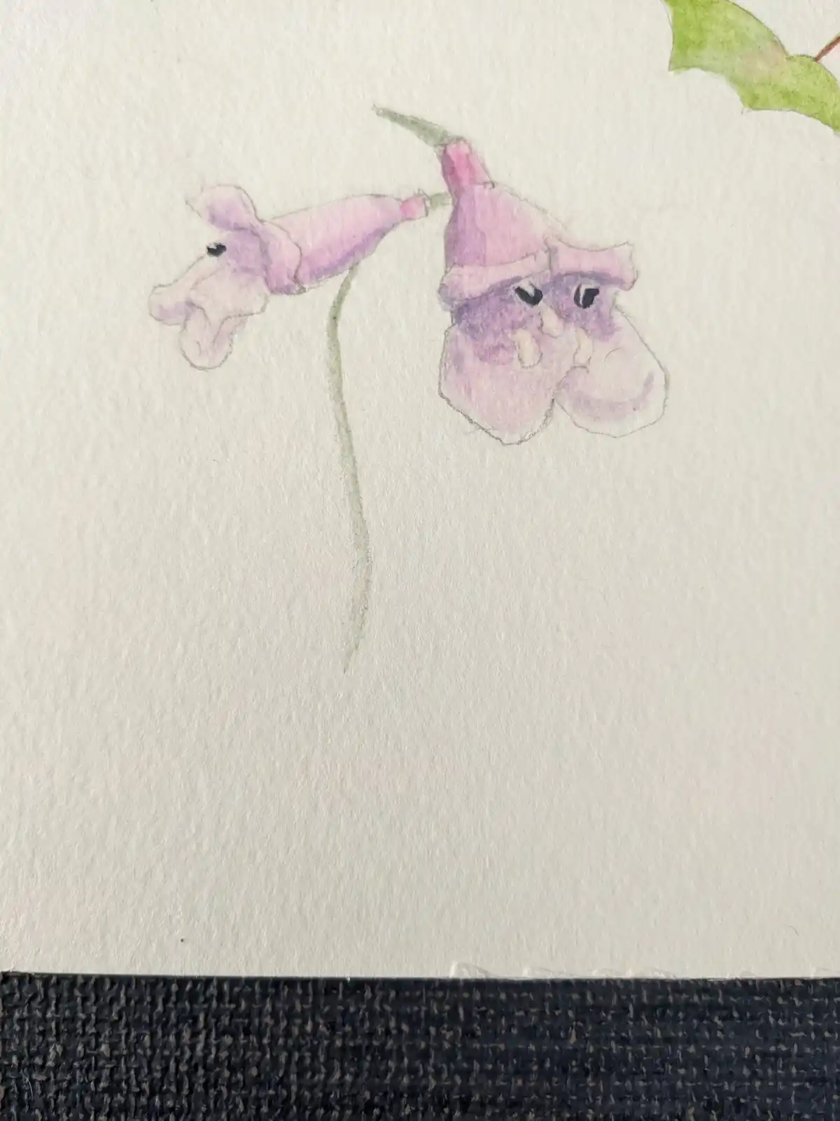 A watercolor painting of two purple flowers with cartoonish faces drawn on them, one flower has a single black eye and the…