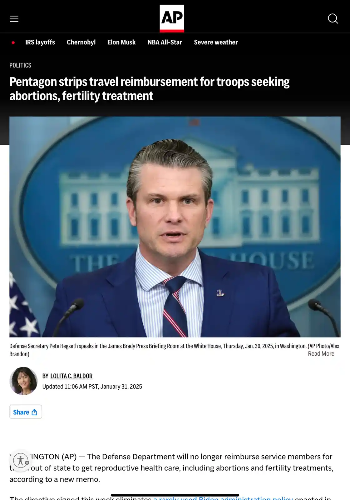 A screenshot of an Associated Press news article shows Defense Secretary Pete Hegseth speaking at a podium in front of a…