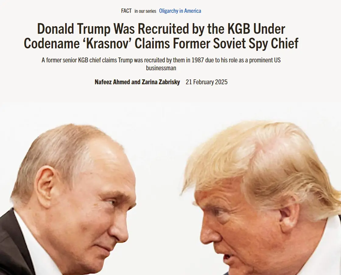 The image shows a side-by-side profile view of Vladimir Putin on the left and Donald Trump on the right, facing each other…