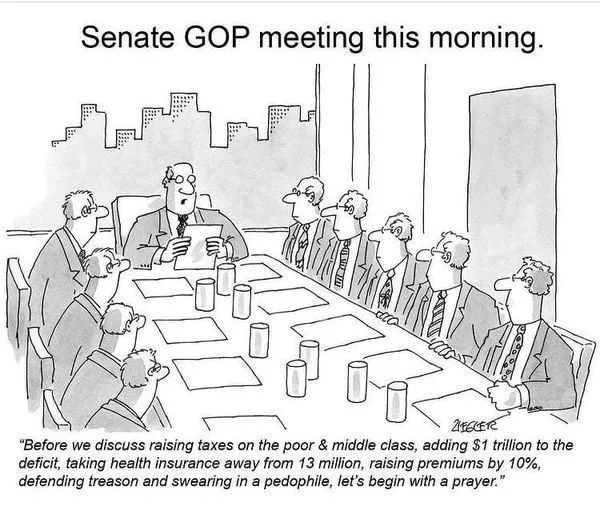 A black-and-white political cartoon depicts a Senate GOP meeting with a man at the head of a long table speaking to a group…