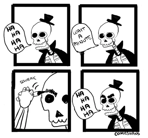 A four-panel black-and-white comic strip shows a skeleton in a top hat laughing hysterically. In the second panel, it pauses…