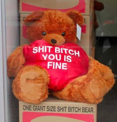 A brown plush teddy bear sits on a cardboard box inside a glass display case, holding a red heart-shaped pillow with the…