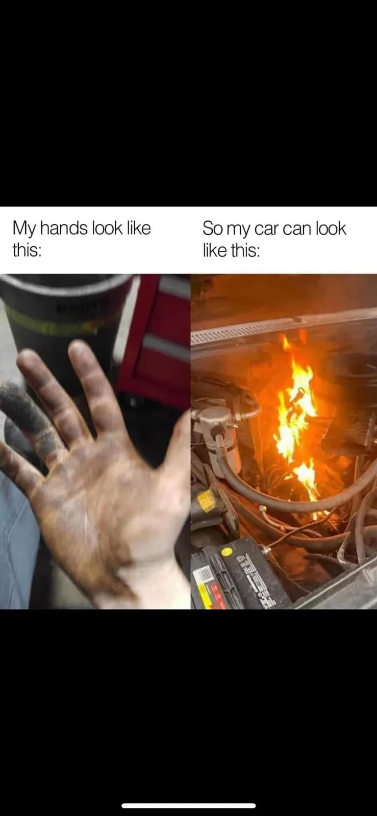 The image is split into two panels. The left panel shows a close-up of a person's hand covered in grease and grime, with the…