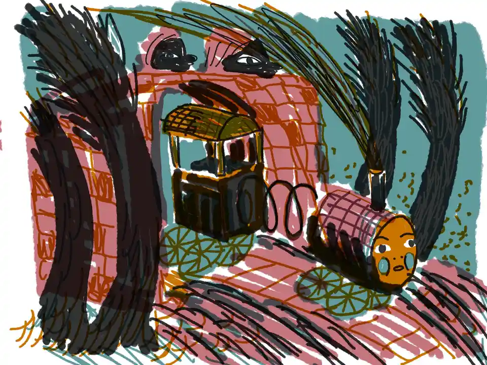 A hand-drawn cartoon depicts a small orange train with a terrified expression, moving through a dark, spooky tunnel. Above…