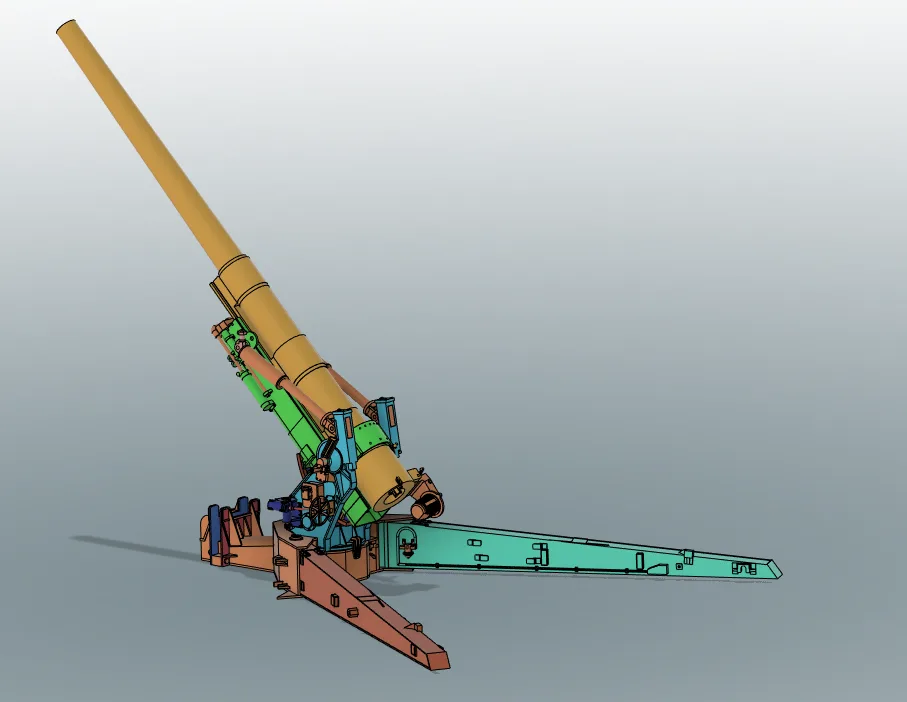 A 3D rendered illustration of a large, colorful artillery piece with a long barrel, mounted on a wheeled carriage with a…