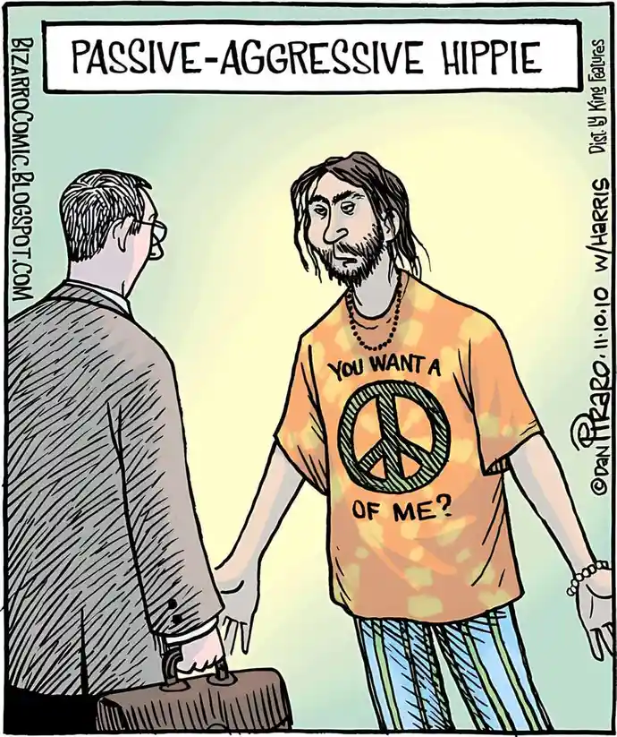 A cartoon depicts a man in a suit holding a briefcase facing a long-haired, bearded hippie wearing a tie-dye shirt with a…
