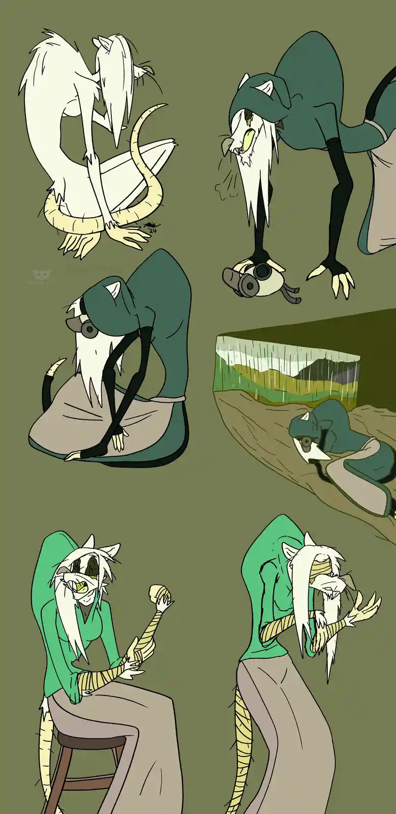 A compilation of six illustrations shows a white-furred, cat-like humanoid character with a long tail and green eyes…