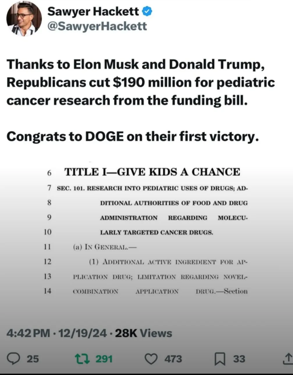 A screenshot of a tweet by Sawyer Hackett showing a government funding bill section titled 'TITLE I—GIVE KIDS A CHANCE'…