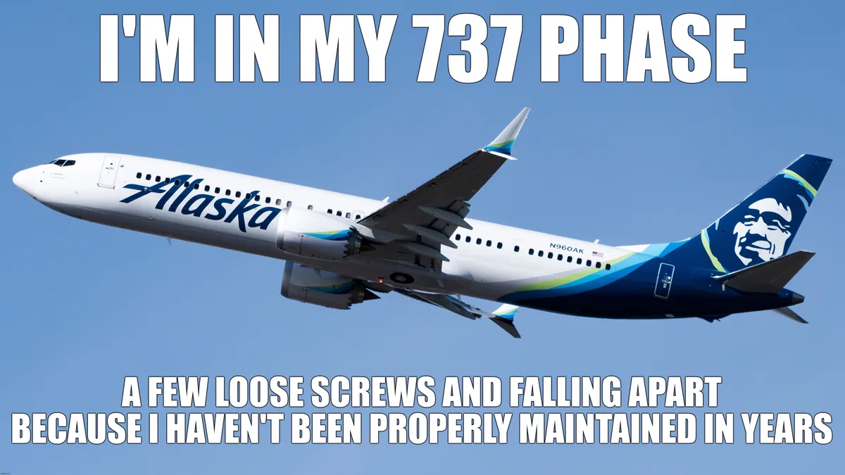 An Alaska Airlines Boeing 737 aircraft is shown flying against a clear blue sky. Large white text at the top reads 'I'M IN…