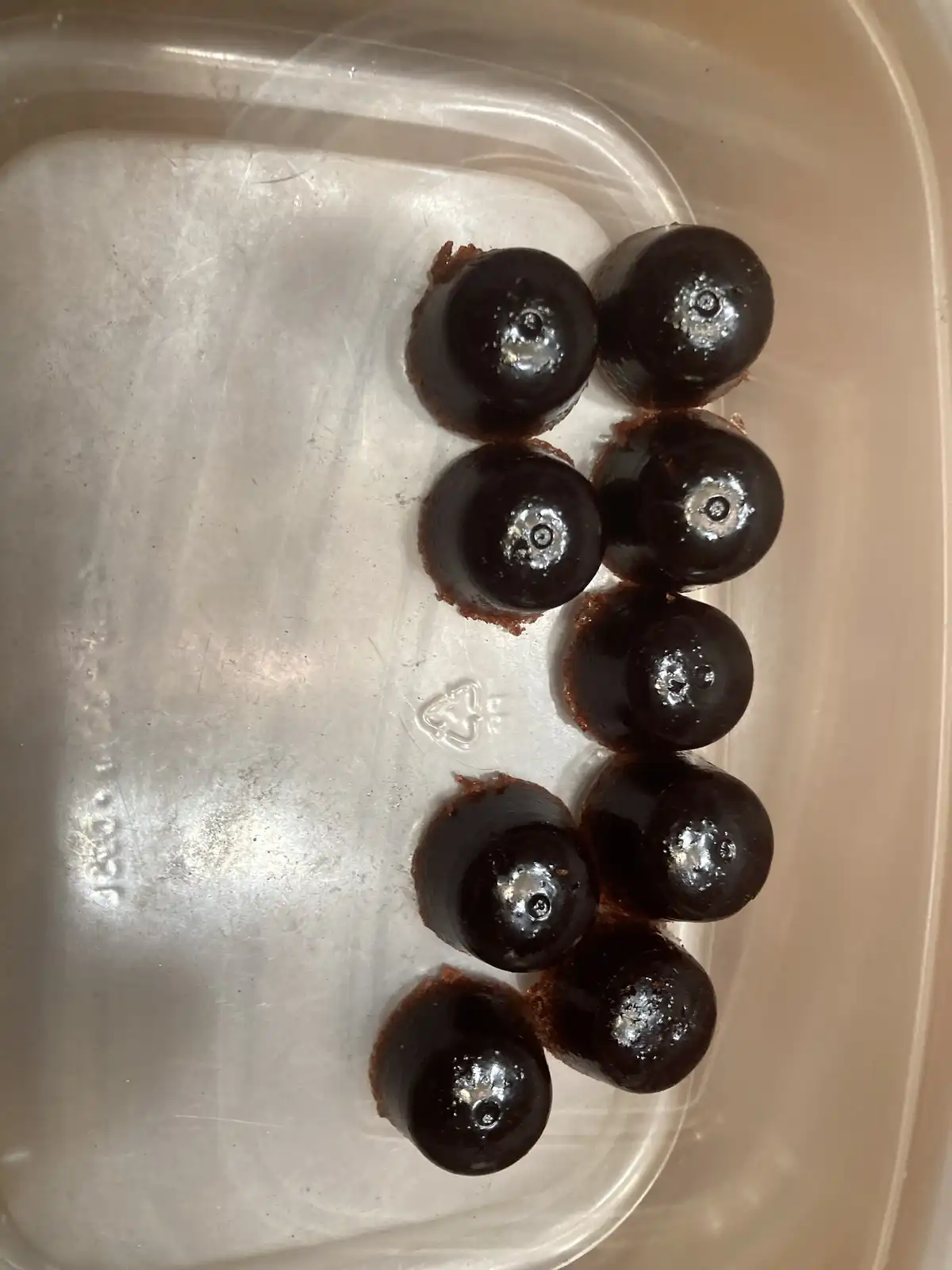 A top-down photo shows eight small, round, dark chocolate-covered desserts arranged in a rough 'L' shape inside a clear…