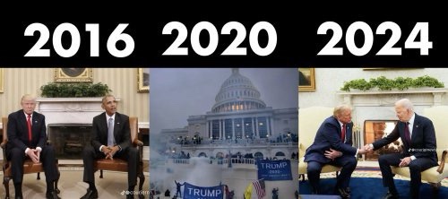 A three-panel image shows Donald Trump and Barack Obama seated together in the White House in 2016, a chaotic scene with…