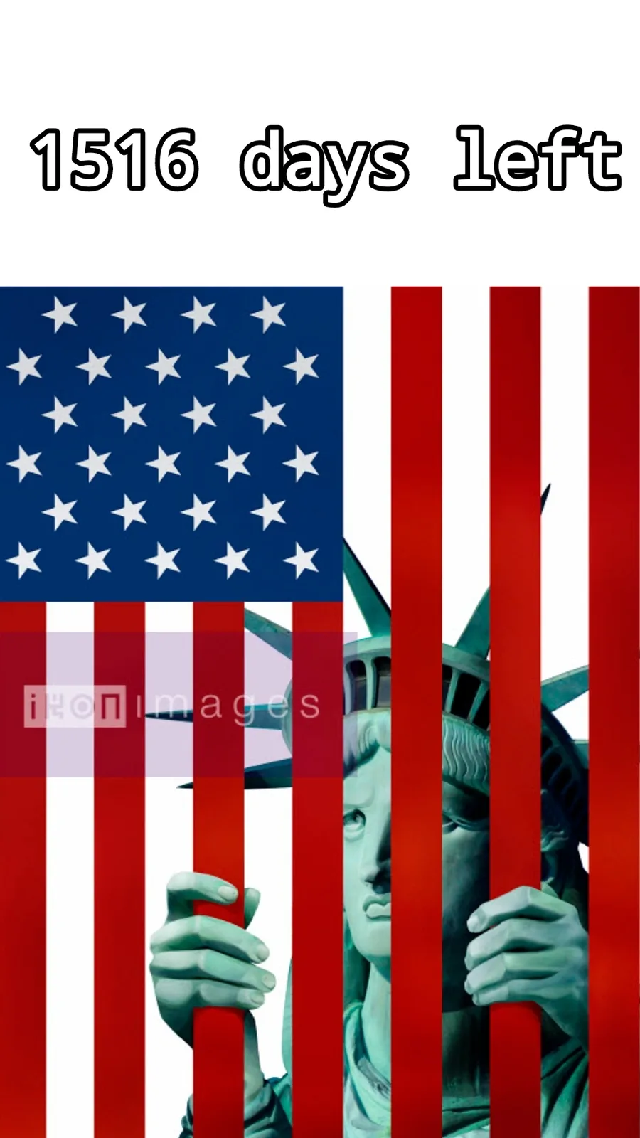 The image shows the Statue of Liberty partially obscured by vertical red stripes from the American flag, with the text '1516…