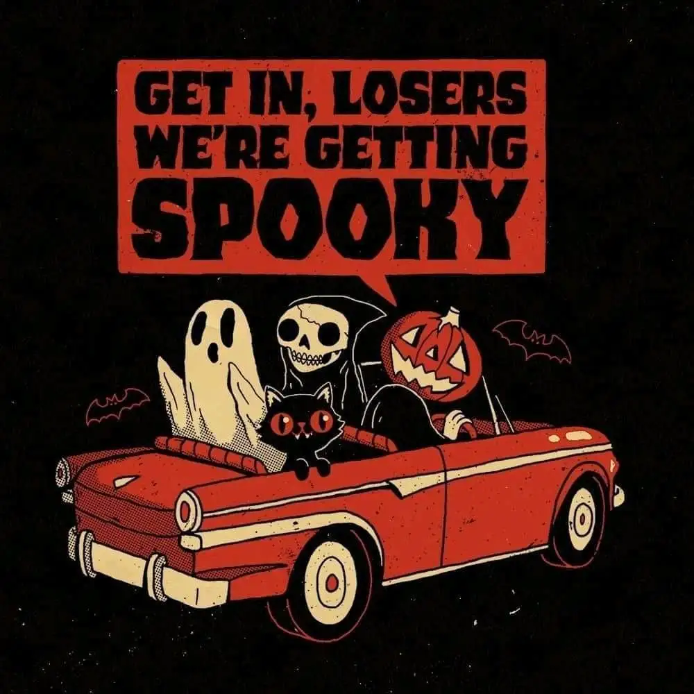 A vintage red convertible car with a ghost, a skull, a jack-o'-lantern, and a black cat with red eyes riding in it against a…