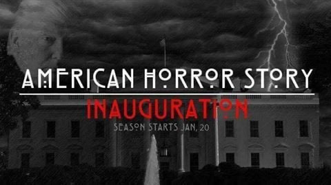 A black-and-white image of the White House under a stormy sky with lightning, overlaid with the text 'AMERICAN HORROR STORY'…