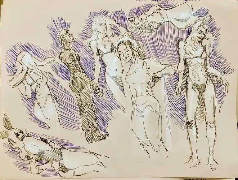 A hand-drawn sketch on paper features multiple stylized female figures in various poses, some standing, some reclining, all…