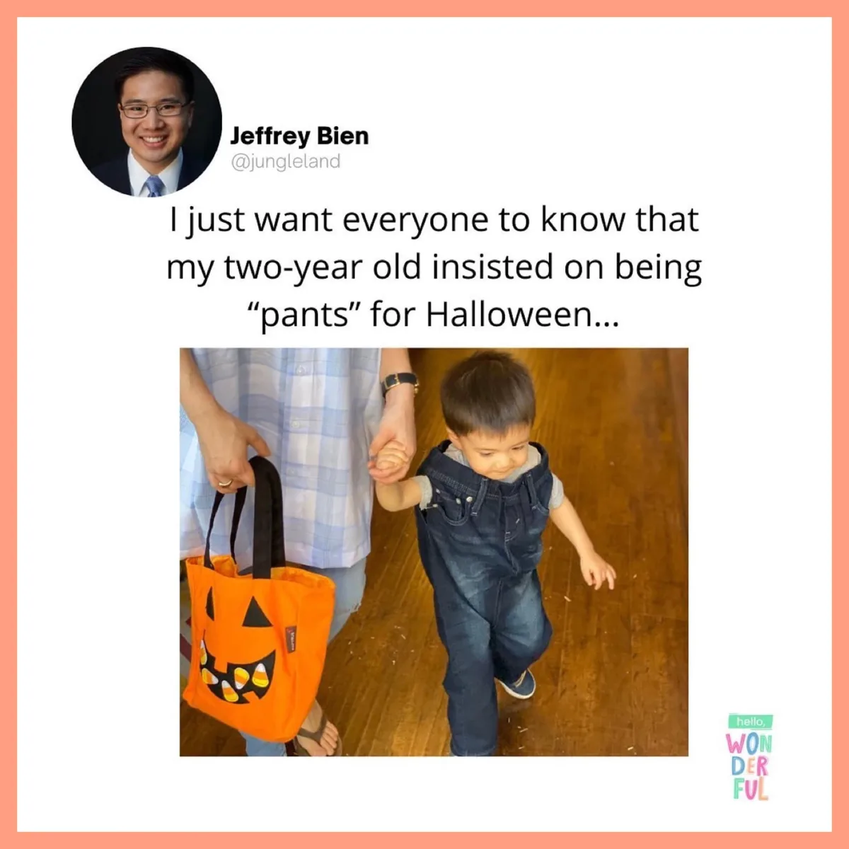 A screenshot of a social media post by Jeffrey Bien showing a toddler in denim overalls walking hand-in-hand with an adult…