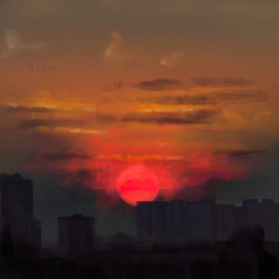 A digital painting depicts a dramatic sunset over a city skyline, with a large, glowing red sun partially obscured by…