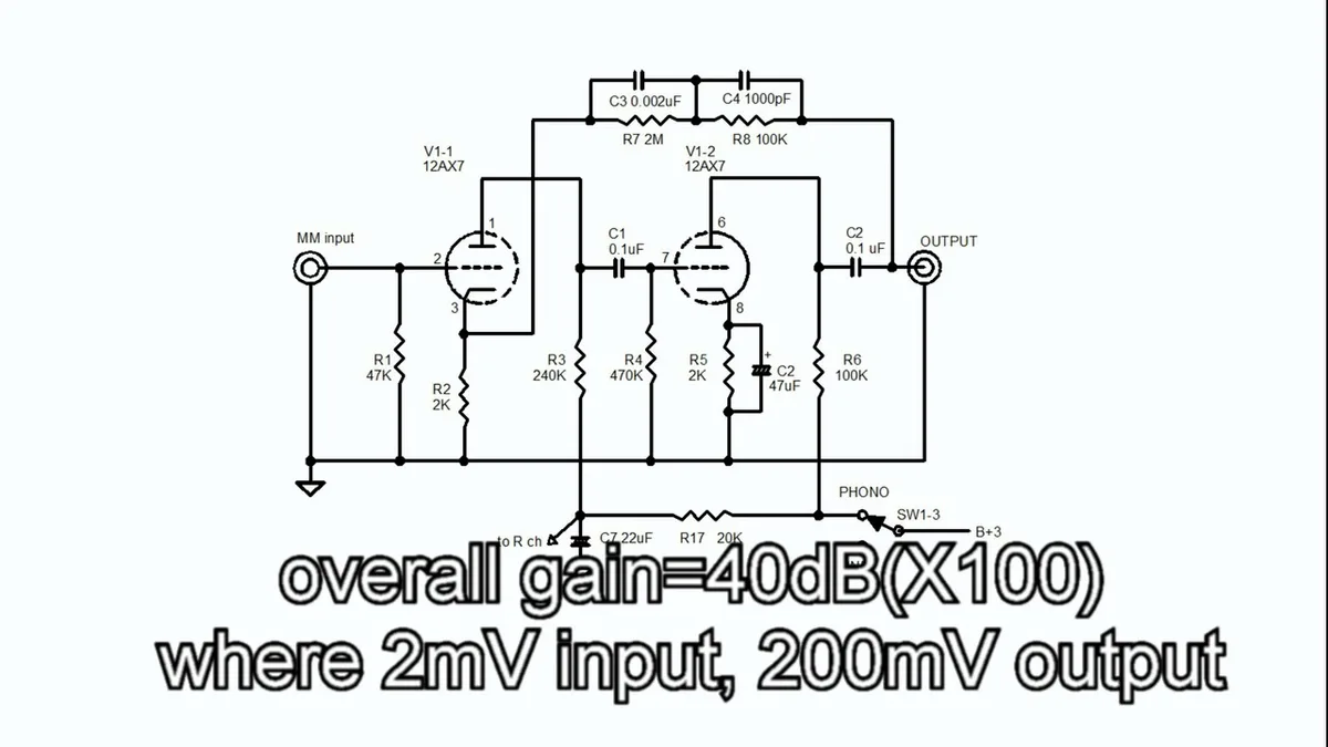 A black-and-white schematic of a tube amplifier circuit featuring two 12AX7 vacuum tubes, resistors, capacitors, and labeled…