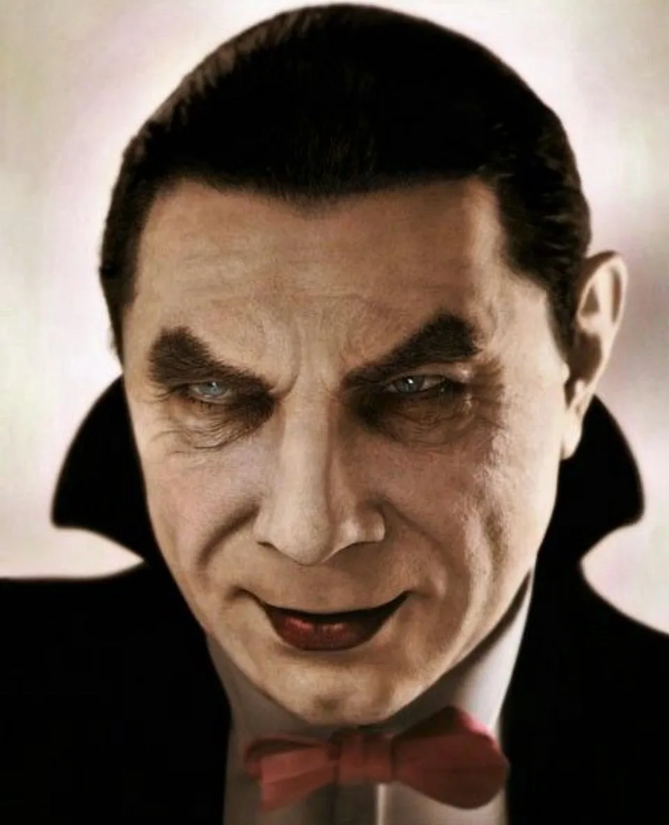 A close-up portrait of actor Bela Lugosi as the iconic vampire Count Dracula, wearing a black cape, white shirt, and red bow…