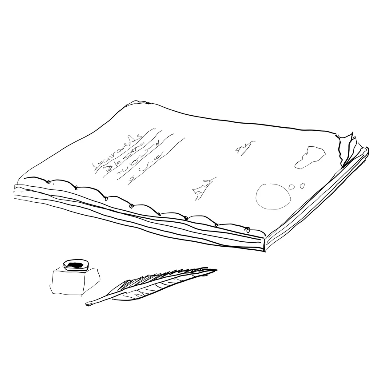 A black-and-white line drawing shows an open book with scribbled text on the left page and abstract shapes on the right…
