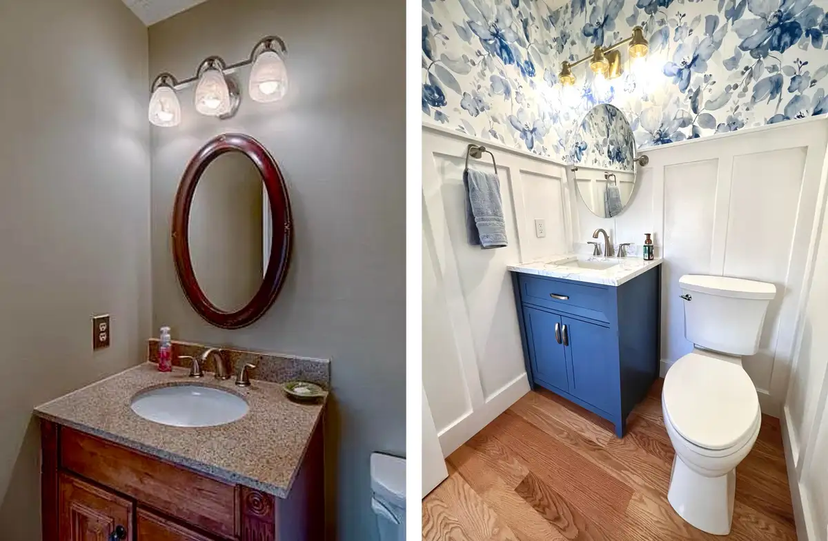 The image shows a side-by-side comparison of a bathroom vanity. The left panel displays a dated bathroom with a wooden…