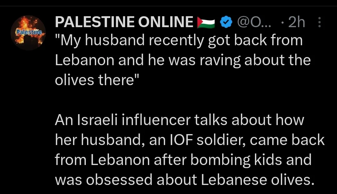 A screenshot of a tweet from 'PALESTINE ONLINE' with a Palestinian flag and verified badge. The tweet quotes a woman saying…