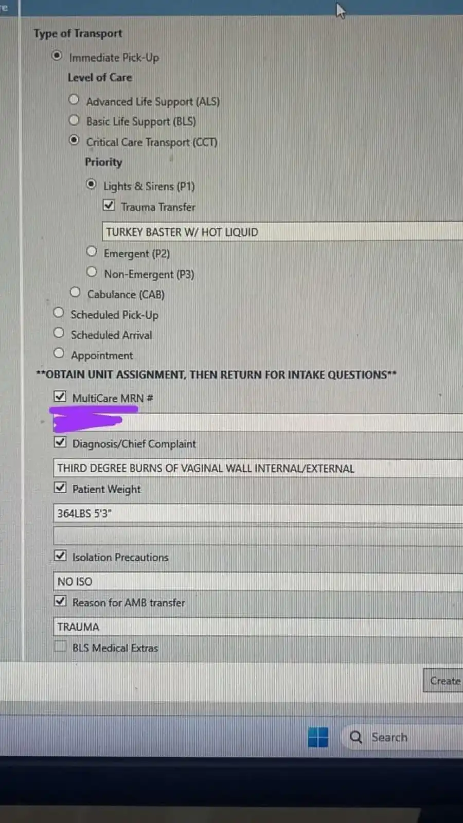 A screenshot of a medical transport form with checkboxes and fields. The 'Priority' section has 'Trauma Transfer' checked…