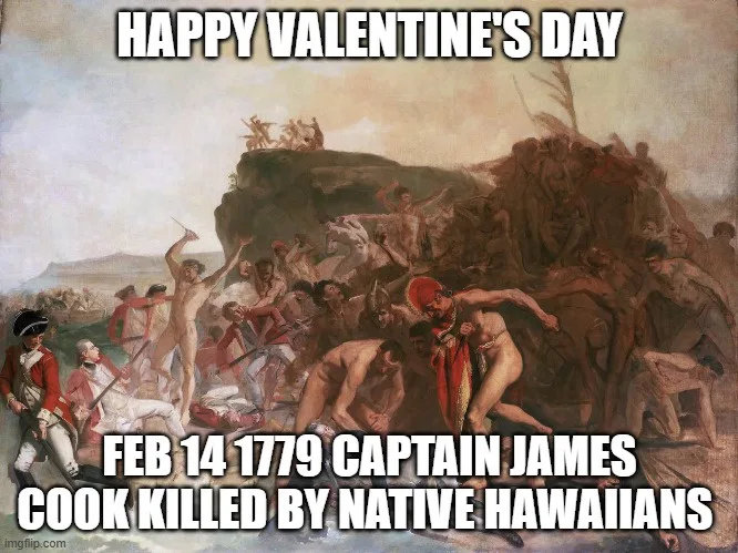 A historical painting depicting a violent battle scene with soldiers and natives, overlaid with white text reading 'HAPPY…