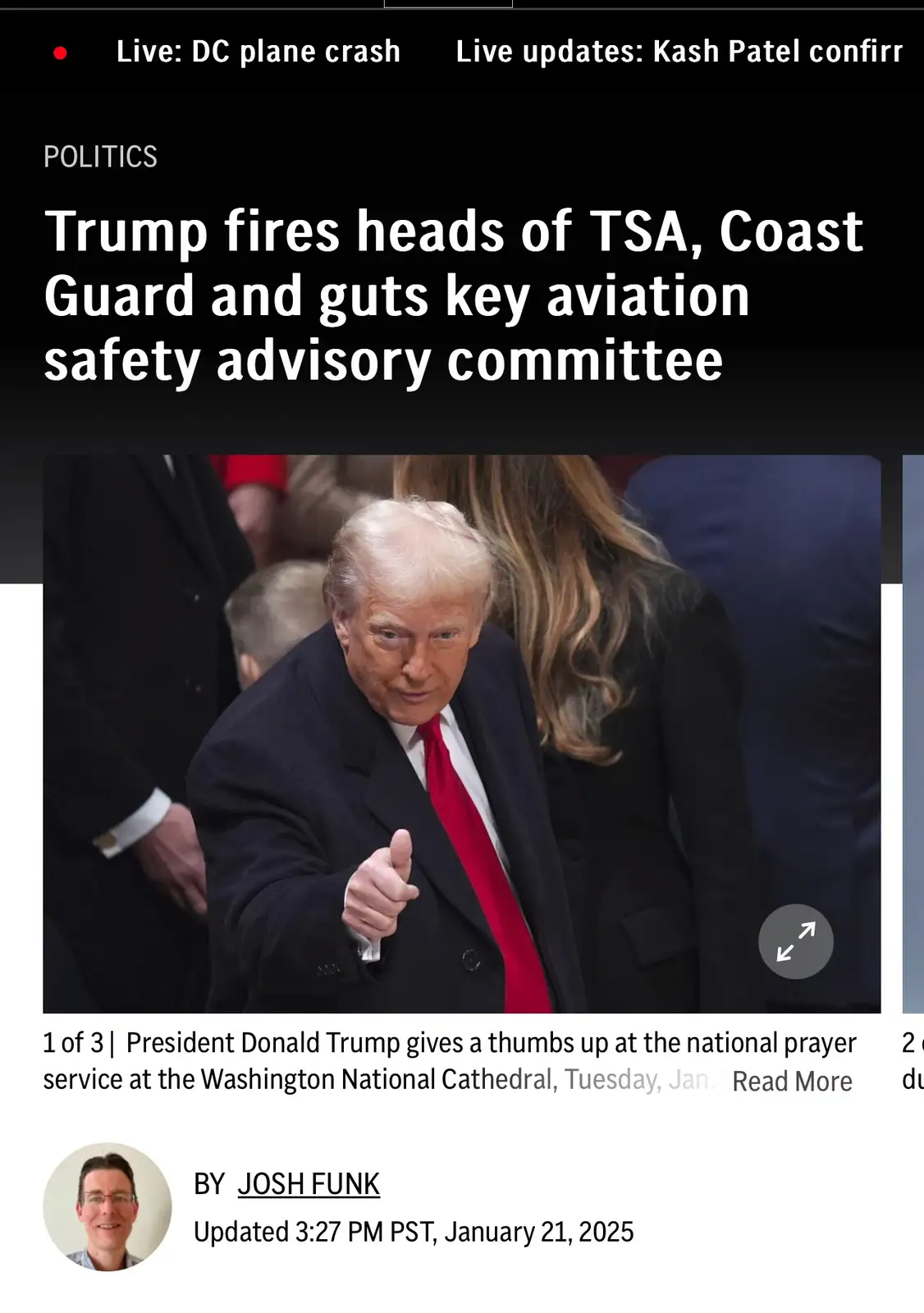 A screenshot of a news article shows Donald Trump giving a thumbs-up at a prayer service, overlaid with a headline claiming…
