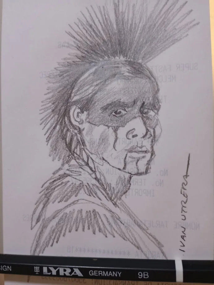 A pencil sketch of a man with a spiky mohawk hairstyle and a serious expression, drawn on paper with faint watermark text…