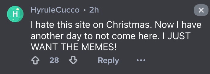 A screenshot of a Reddit comment from user HyruleCucco posted 2 hours ago, expressing frustration about being on a website…