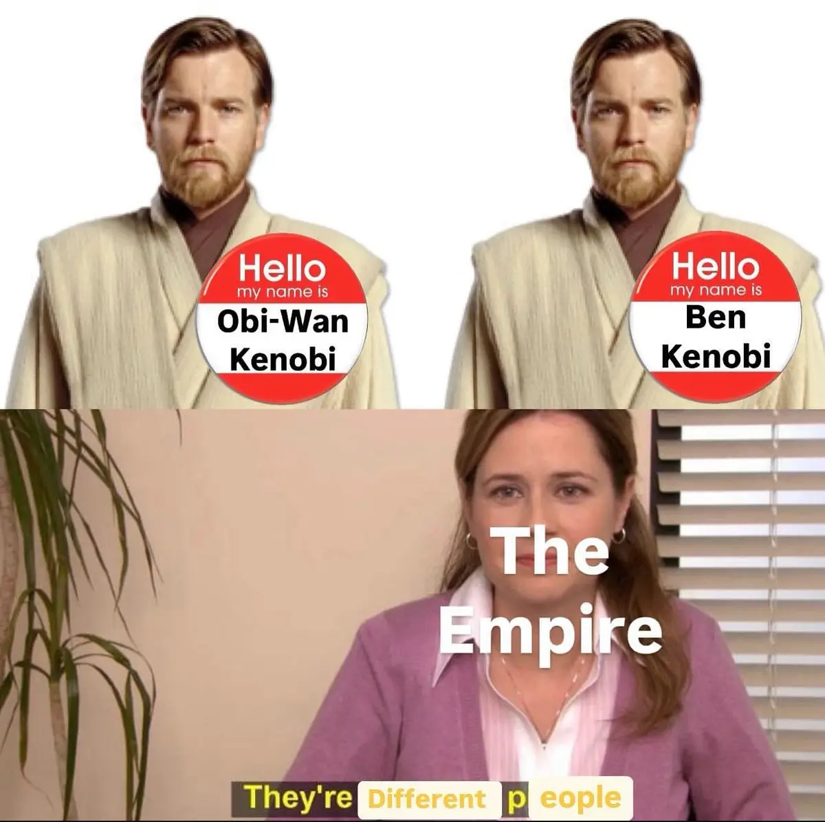 The top half shows two identical images of actor Ewan McGregor as Obi-Wan Kenobi, each wearing a red and white 'Hello my…