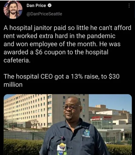 A screenshot of a tweet by Dan Price showing a photo of a Black man in a hospital uniform standing outside a hospital…