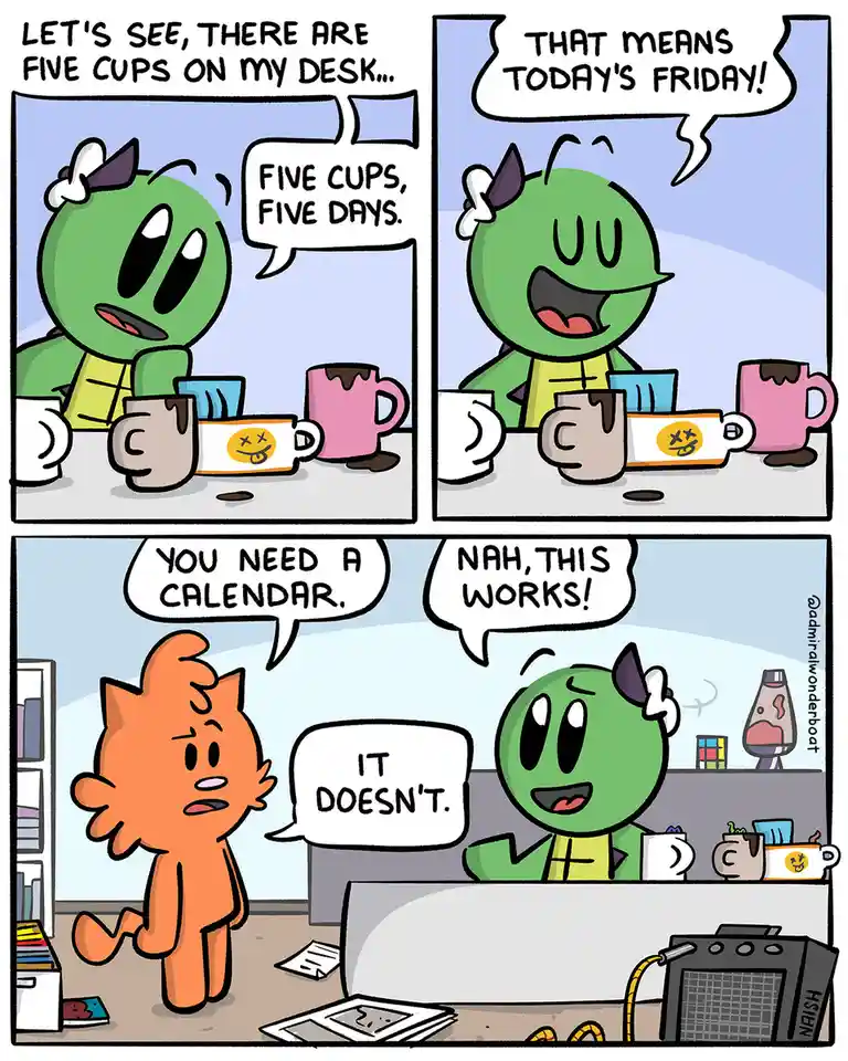 A three-panel comic shows a green cartoon character counting five coffee cups on their desk to deduce it's Friday, ignoring…