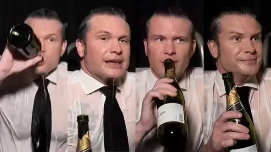 A man in a white shirt and black tie is shown in four sequential panels drinking from a bottle, with his expression shifting…