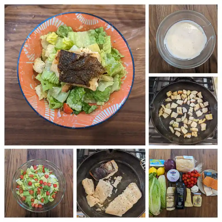A six-panel collage shows the process of making a salmon caesar salad: ingredients laid out, salmon searing in a cast iron…