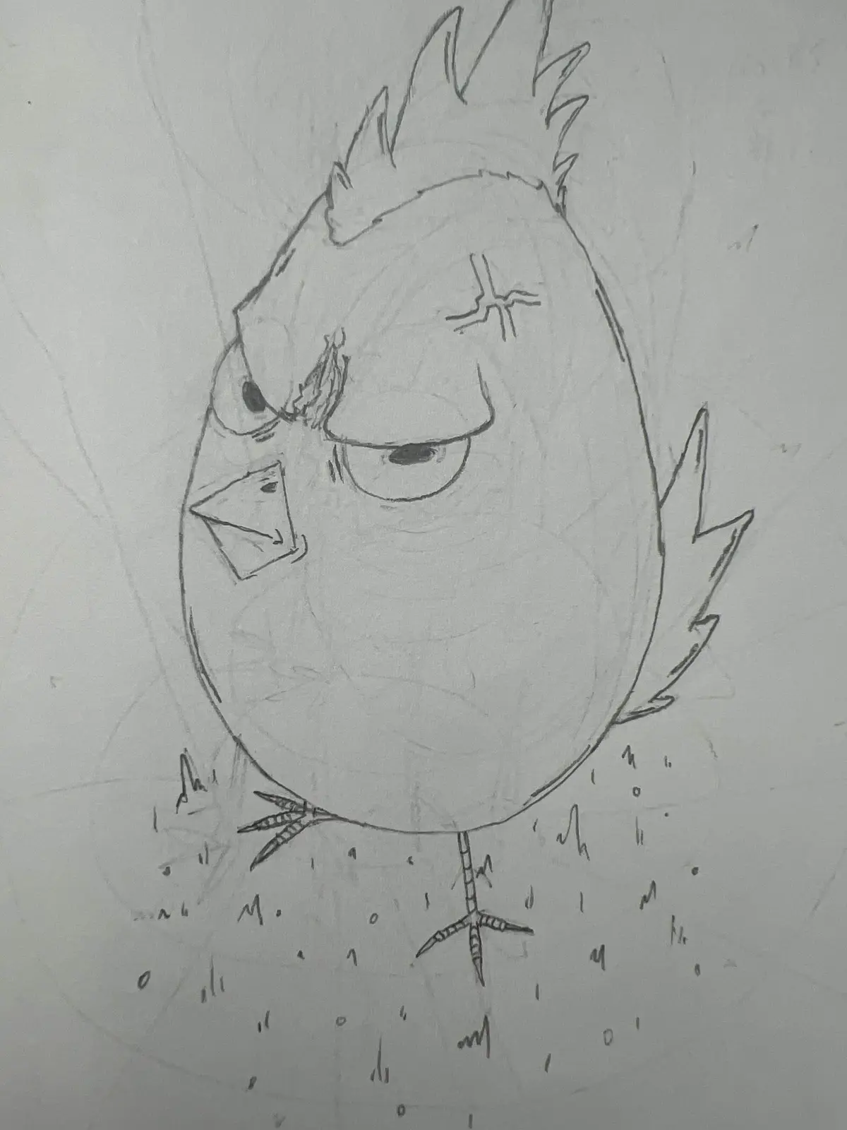 A hand-drawn pencil sketch of a cartoonish bird with spiky feathers, one eye closed with an 'x' mark, and a grumpy…