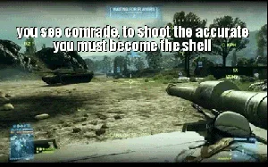 Six identical frames from a first-person tank shooter game show the player's view from inside a tank, with a targeting…