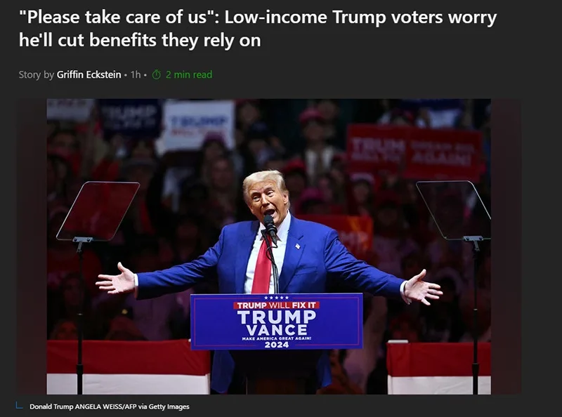 A photo of Donald Trump speaking at a rally with arms outstretched, standing behind a podium that reads "TRUMP WILL FIX IT…