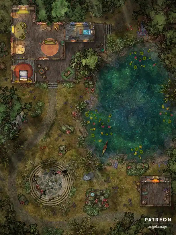 This is a top-down fantasy map showing a lush, jungle-surrounded settlement with a large, clear lake, wooden structures, and…