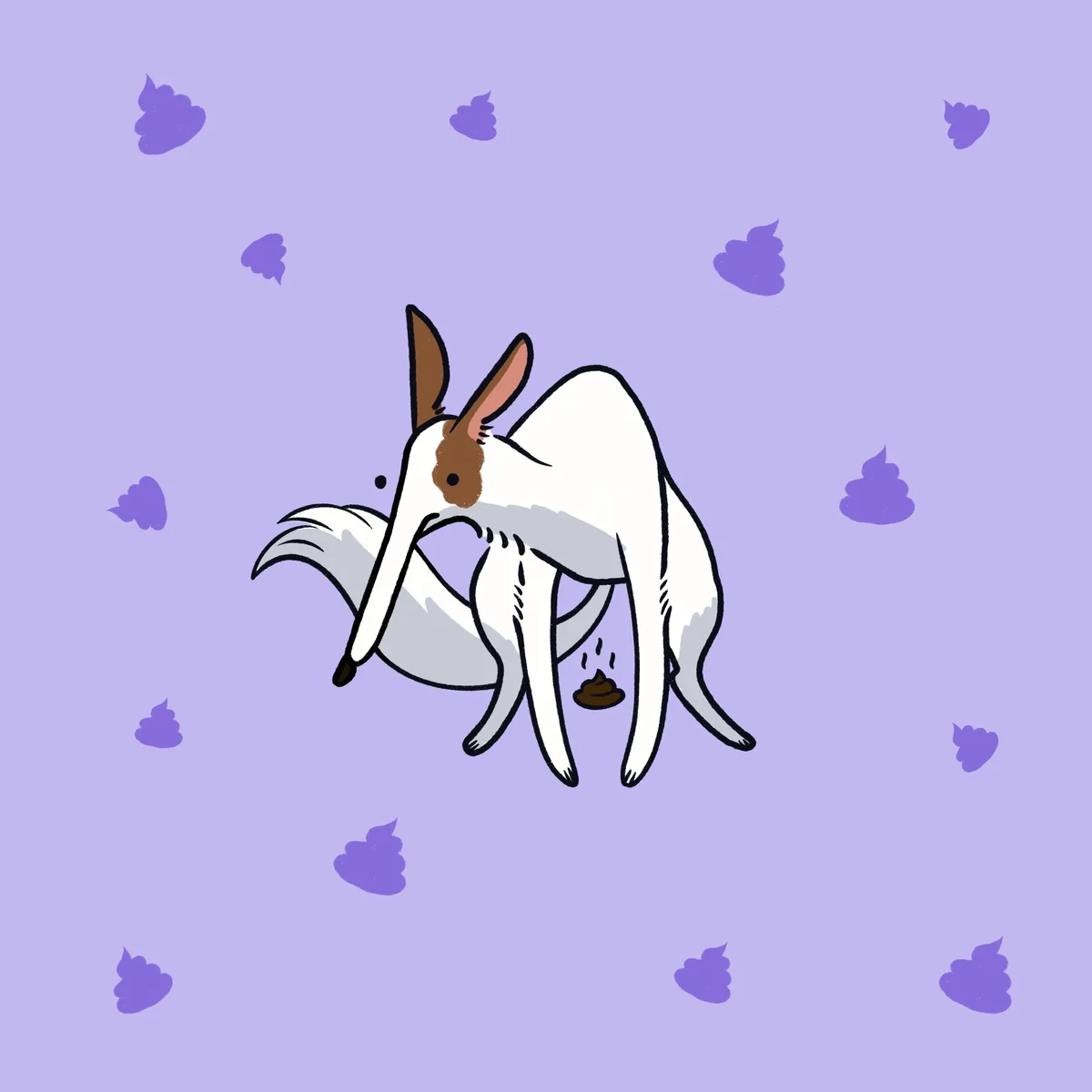 A cartoon fox with white and gray fur and brown ears is depicted mid-poop, with a small brown pile of poop visible beneath…