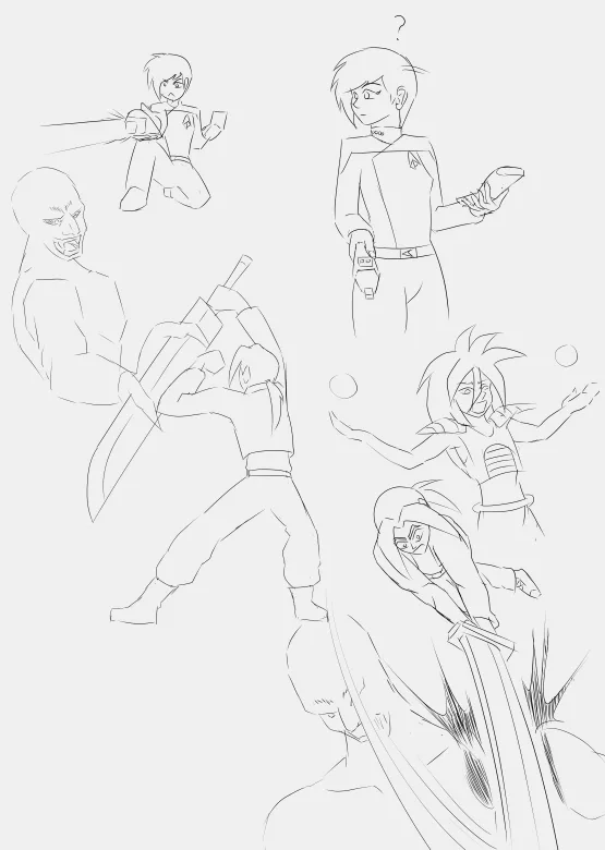 A black-and-white line art sketch shows multiple anime-style characters in various action poses, including wielding swords…
