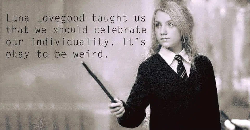 A sepia-toned image of Luna Lovegood from Harry Potter, wearing her Hogwarts uniform and holding a wand, with text overlaid…
