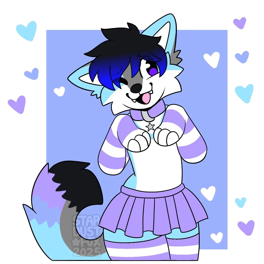 A cartoon anthropomorphic fox with blue and black fur, wearing a purple and white striped outfit with a pleated skirt, winks…