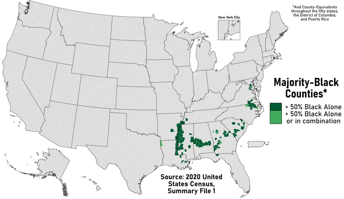 A map of the United States showing counties shaded in green based on 2020 census data, with darker green indicating areas…