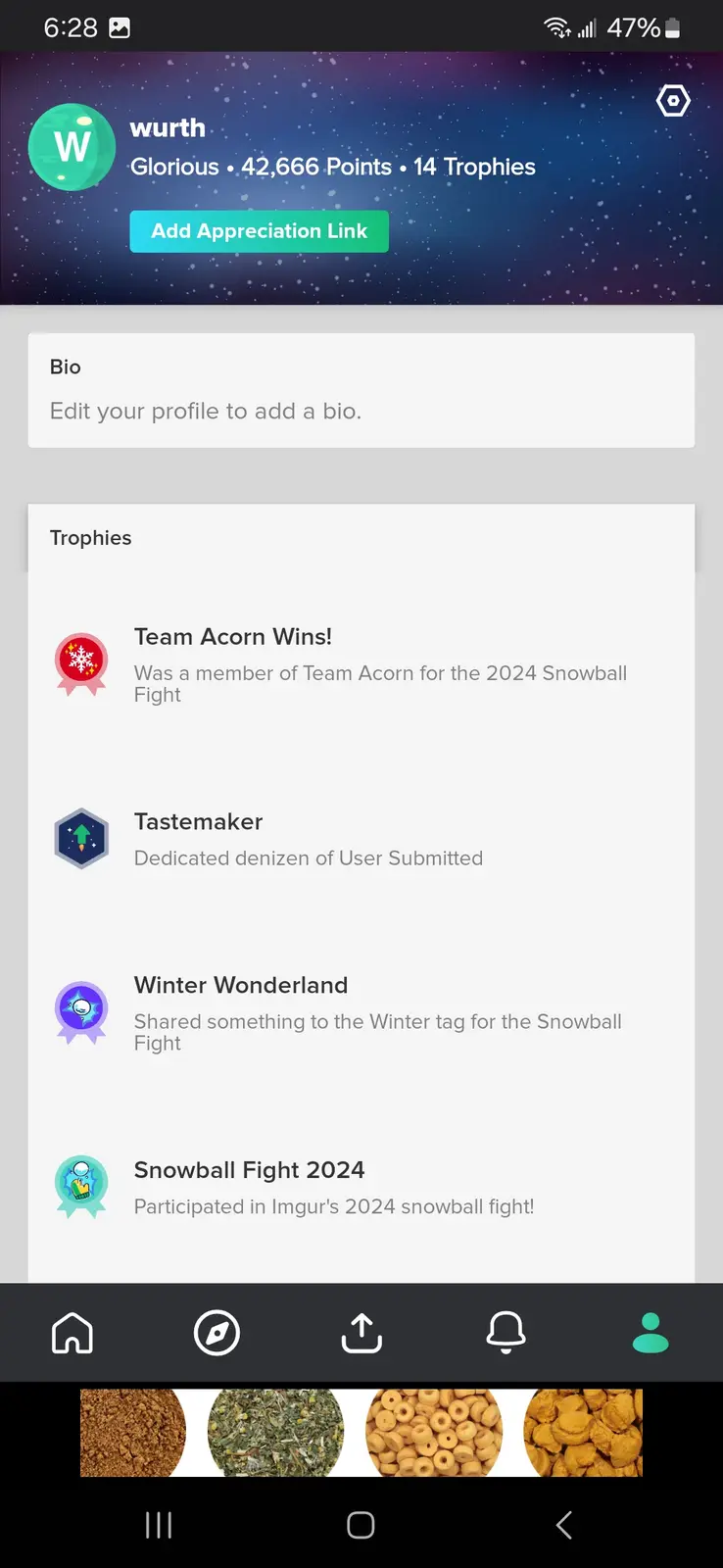 A screenshot of an Imgur user profile for 'wurth' showing their trophies, including 'Team Acorn Wins!' for participating in…