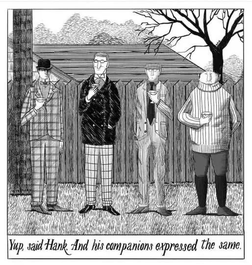 A black-and-white cartoon depicts four men standing in a line outdoors near a wooden fence and bare tree, each holding a cup…