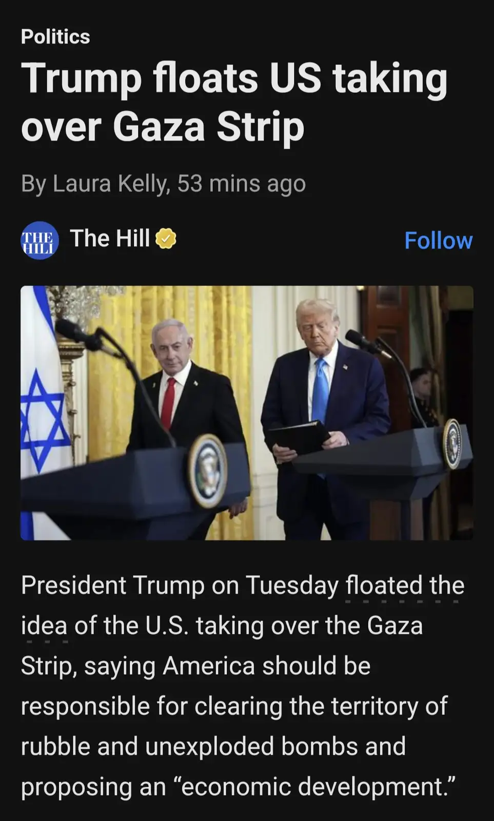 A screenshot of a news article from The Hill with the headline 'Trump floats US taking over Gaza Strip' and a photo of…