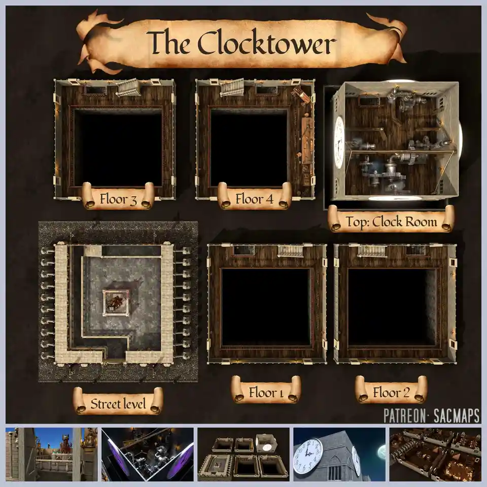 A fantasy dungeon map titled 'The Clocktower' shows six labeled sections: Street level, Floor 1, Floor 2, Floor 3, Floor 4…